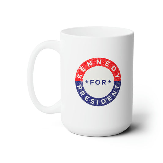 white mug with vintage Kennedy for President logo