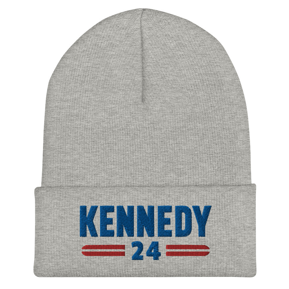 Classic RFK jr. Kennedy 24 logo embroidered with blue font and red lines on the cuff of a heather grey beanie.