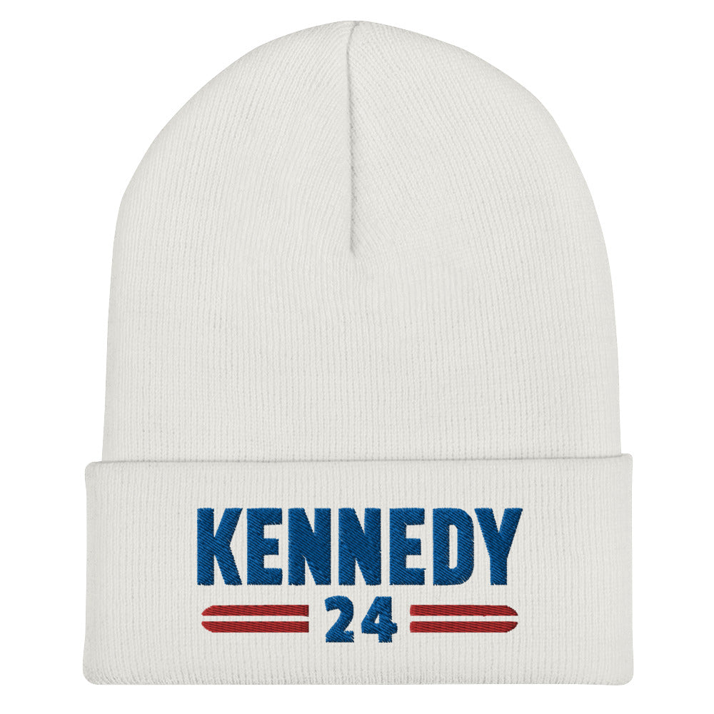 Classic RFK jr. Kennedy 24 logo embroidered with blue font and red lines on the cuff of a white beanie.