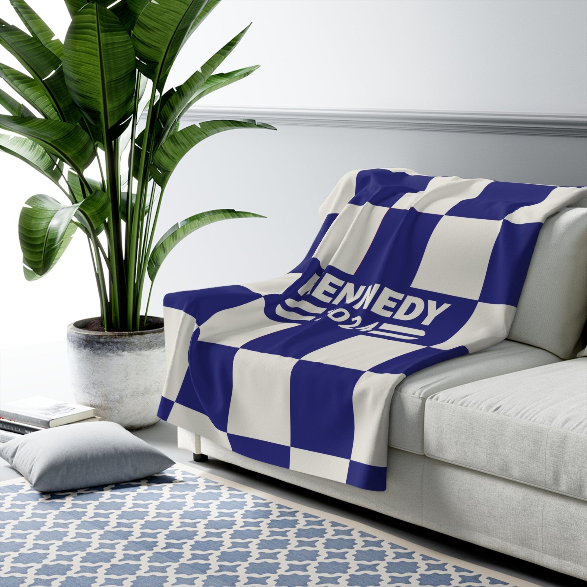 Kennedy Classic Navy Checkered Sherpa Fleece Blanket - TEAM KENNEDY. All rights reserved