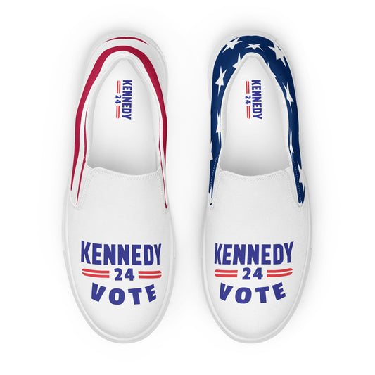 Kennedy 24 Vote printed on the top of white slip-on shoes with american flag printed heels